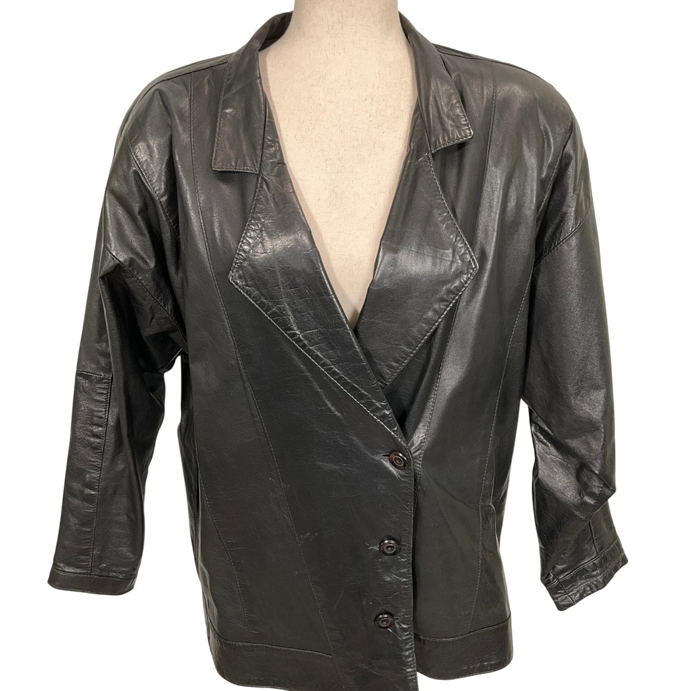 G-III NY Leather Jacket Womens Large Black Double Breasted Raglan Button 80s VTG